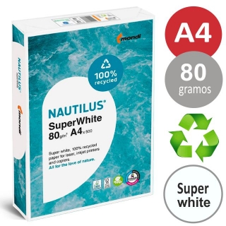 Folios A4, papel reciclado Nautilus Superwhite  Mondi 013408010001