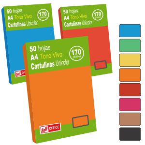 Cartulinas tamaño folio Din A4 colores vivos 50 uds unicolor