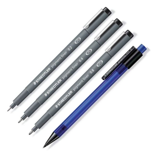 PACK STAEDTLER 3 ROTULADORES CALIBRADOS PIGMENT LINER 02,04,08 + 1  LUMOCOLOR F NEGRO 308WPSET