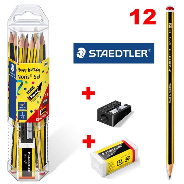 BLISTER 3 LAPICES NORIS Nº 2 HB + GOMA RASOPLAST + SACAPUNTAS STAEDTLER