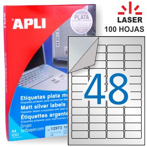 Etiquetas plata poliéster metalizado imprimibles Apli 48x