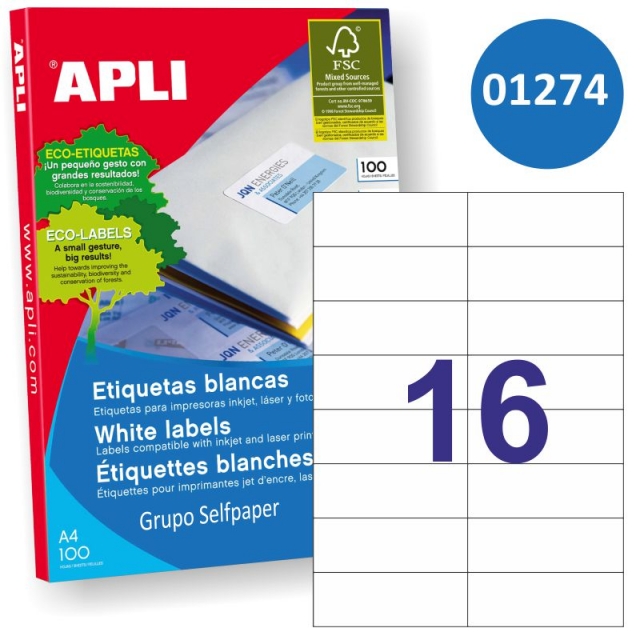 Comprar Apli 01274, Etiquetas impresora 105x37 mm, 16 por hoja A4