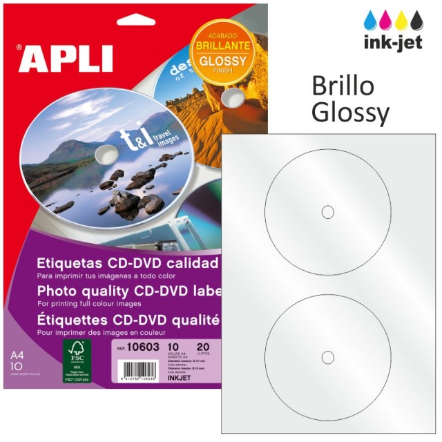Comprar Etiqueta Cd dvd fotográfica Brillante inkjet Apli 10603