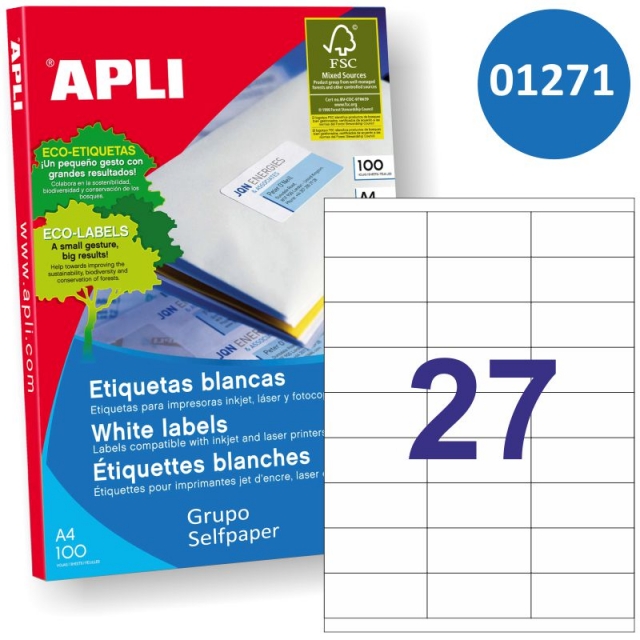 Comprar Apli 01271, Etiquetas impresora 70x30 mm, 27 por hoja
