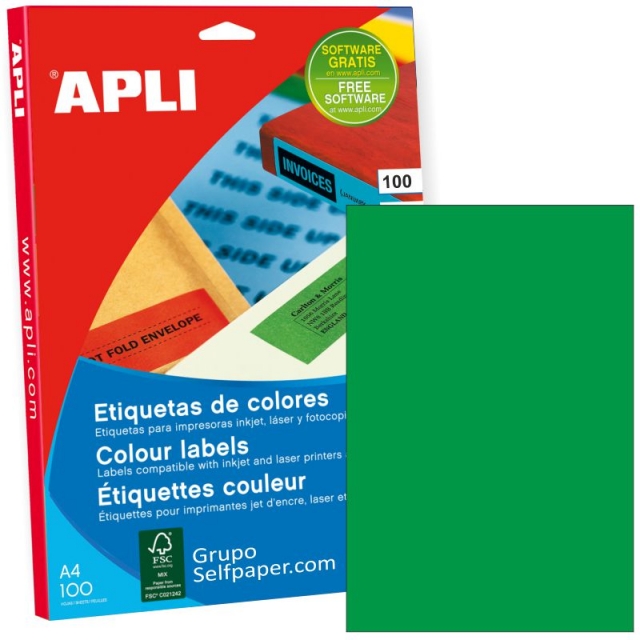 Comprar Etiquetas Apli 11841, Papel adhesivo Din A4 Verde C/100 hjs