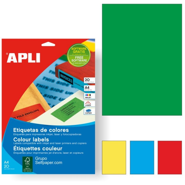 Comprar Apli 01602, Papel A4 adhesivo impresora color verde 20 hojas