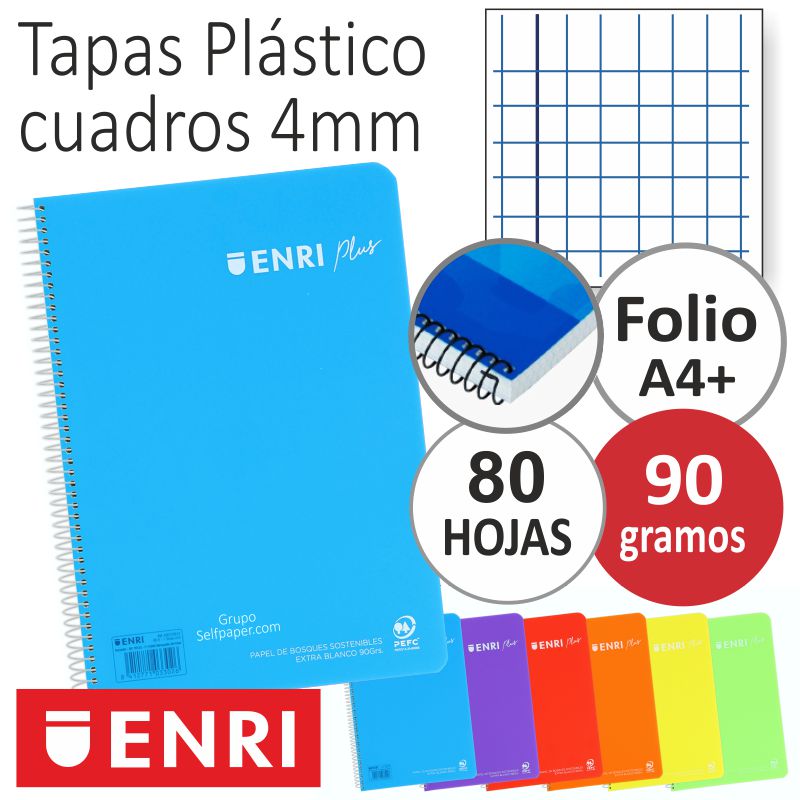 Comprar Libreta Enri Plus, tapas plástico, 90 grs, cuadros, colores
