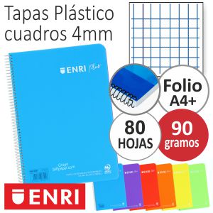 Libreta Enri Plus, tapas plástico, 90 grs, cuadros, colores