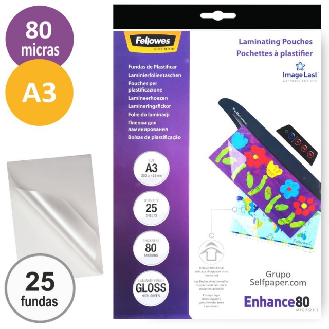 Comprar Fundas plstico plastificar Fellowes A3 80 micras Pack 25