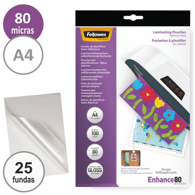 Fundas para plastificar Din A4, 80 micras, Fellowes, Pack 25