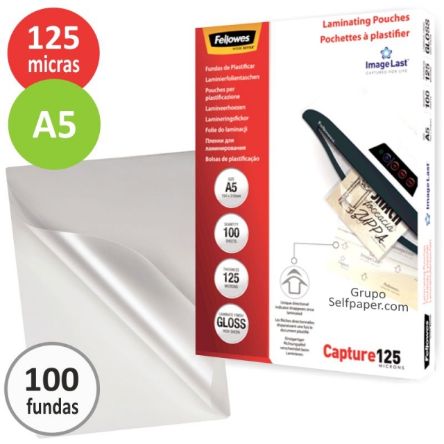 Comprar Plástico plastificar Fellowes Din A5, 125 micras C/100 53073
