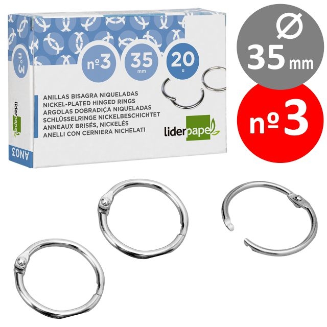 Comprar Caja 20 anillas metálicas 35 mm, bisagra Liderpapel