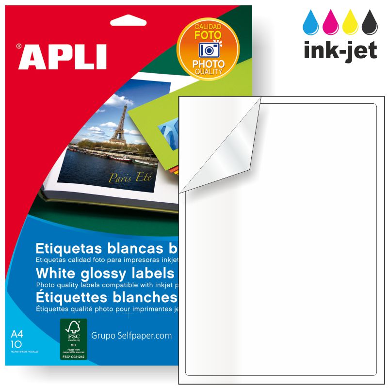 Etiqueta Din A4 brillante glossy inkjet Apli 02926, 10 hjs