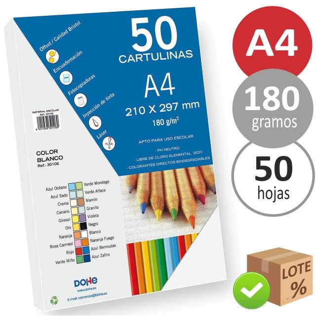 Cartulinas blancas Din A4, folio, 180 grs, 50 hojas Lote