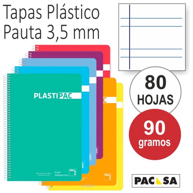 Cuaderno Plastipac 2 rayas 3,5 pauta ancha, plástico 90 grs