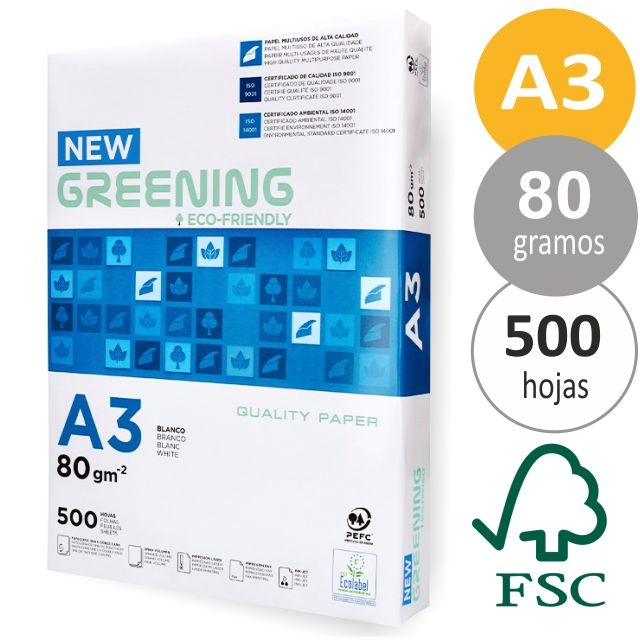 Papel Din A4, 80 gramos, Liderpapel New Greening, paquete de 500 hojas,  folios económicos