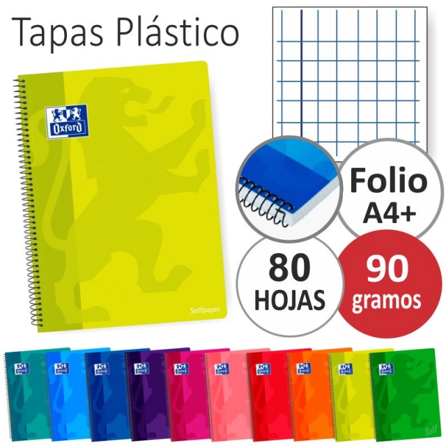 Libreta Oxford folio, tapas plástico, 80 hojas, 90 gramos