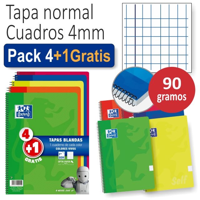 Comprar Pack 4+1 Gratis Cuadernos Oxford colores 90 gramos