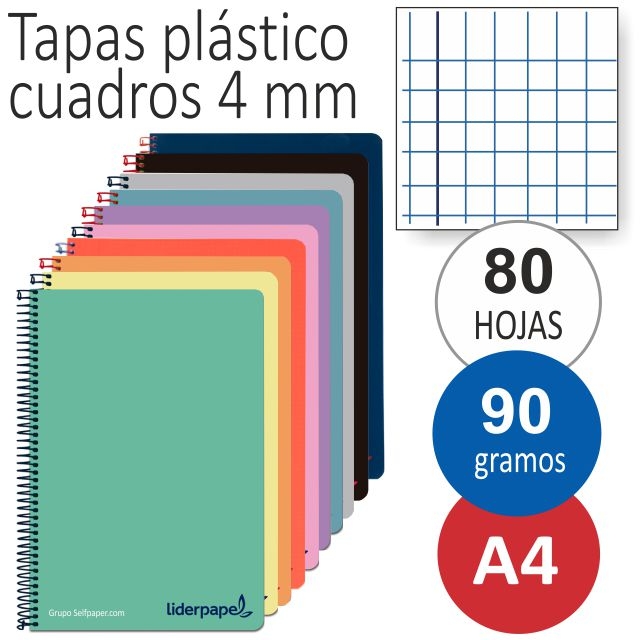 Comprar Cuadernos, libretas 90 gramos, tapas plastico, cuadros 4 mm