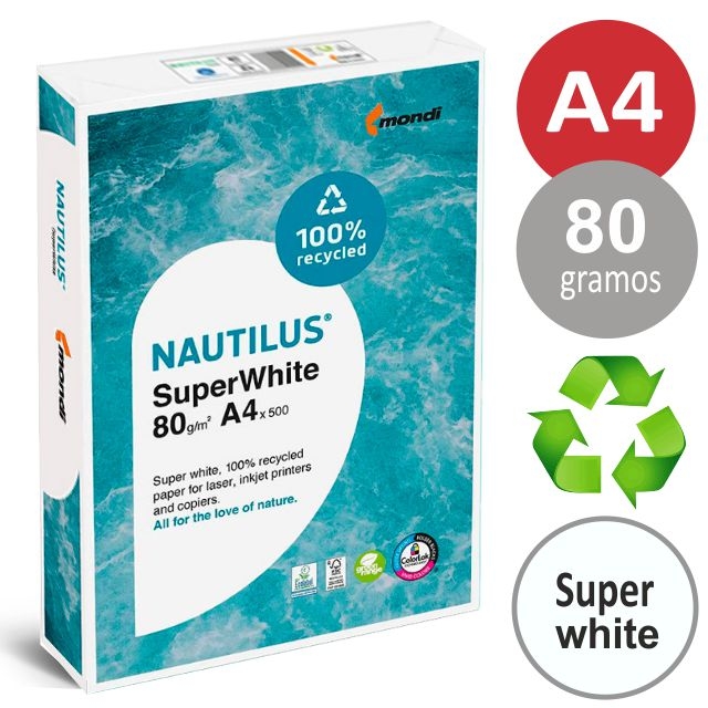 Comprar Folios A4, papel reciclado Nautilus Superwhite ultra blancos
