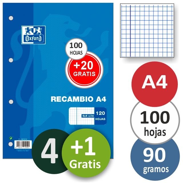 Comprar Recambio Oxford, papel 90 gramos, cuadros 4 mm