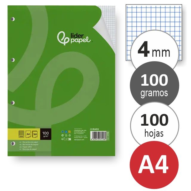 Comprar Recambio Din A4 carpeta 4 taladros cuadros 4 mm 100 grs