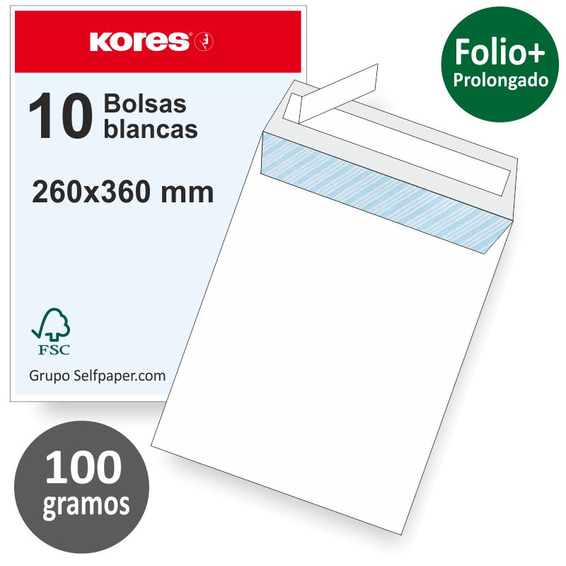 Comprar Bolsas sobres 260x360 folio prolongado 100g Blanco pte. 10