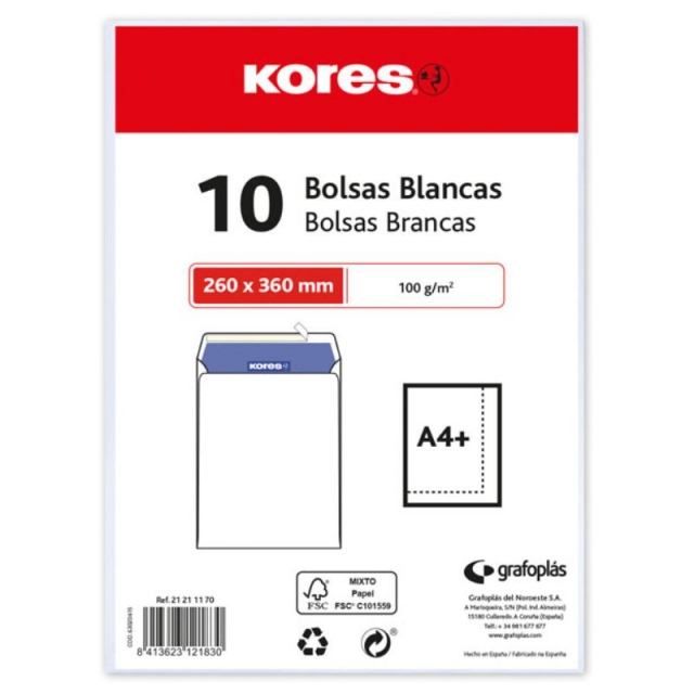 bolsas 260x360mm folio prolongado kores blancas