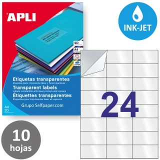 Apli 10051, Etiquetas transparentes inkjet 70x37mm,